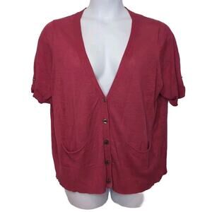 EILEEN FISHER Short Sleeve Linen Cardigan Women's Plus Size 1X Raspberry Pink